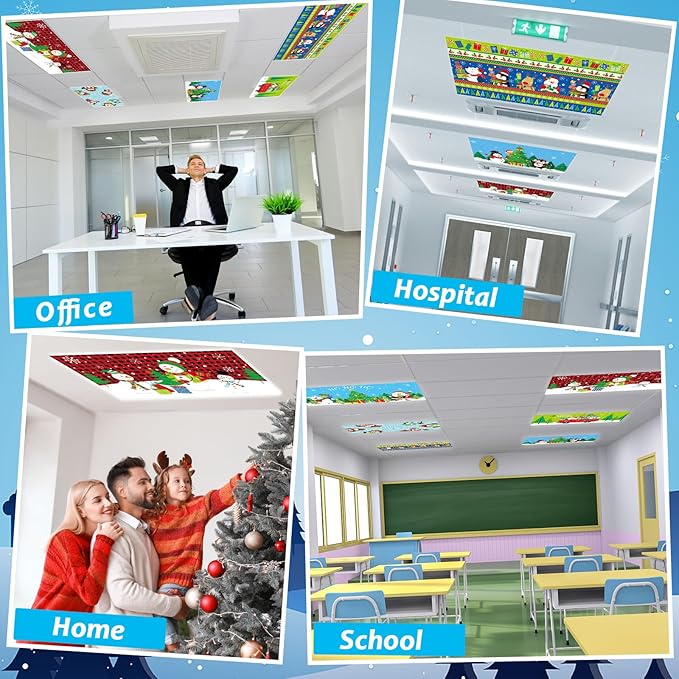 Wiooffen 8Pcs Christmas Fluorescent Light Covers with 80 Magnets Christmas Decoration for Classroom Ceiling Light 4 x 2 Feet Magnetic Lights Covers Filter for Office Hospitals Home Classroom Decor