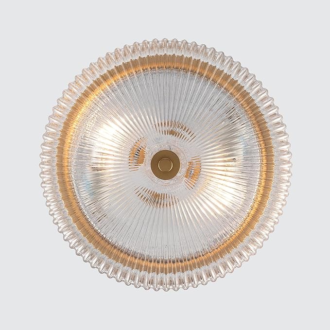 Ashbourne Semi Flush Mount Ceiling Light, Modern Gold Finish with Clear Ribbed Glass Shade, Mid-Century Drum Fixture for Bedroom, Kitchen, Hallway, Dining Room & Entryway, E26 Base