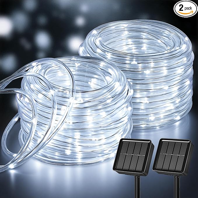 Brightown 2 Pack Solar Rope Lights, Total 78FT 200LED Pure White Solar String Lights Outdoor, IP65 Waterproof Solar Powered Fairy Lights with 8 Lighting Modes for Yard Garden Patio Tree Decoration