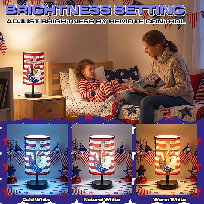 Glooglitter 4th of July Table Lamps 3 Colors Dimmable Lights 9.72 x 5.12 Inch Patriotic Bedroom Lamps Independence Day American Flag Bedside Night Light for Desk Memorial Day Birthday Gifts