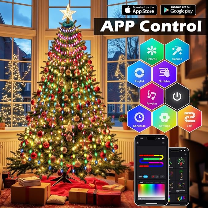 ROSE ME 200 LED Christmas Tree Lights, 6.6ft x 10 String Christmas Lights for Tree, Indoor & Outdoor, with App & Remote Control, Multicolor, DIY Modes, Music Sync, Waterproof, Easy Installation