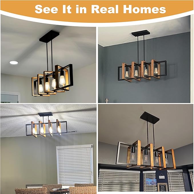 Antique Wood Chandelier Island Lights for Kitchen, 31.5" Pendant Lights Kitchen Island Lighting, 4-Light Rectangular Wood Black Rustic Farmhouse Chandeliers for Dining Room Light Fixtures Over Table