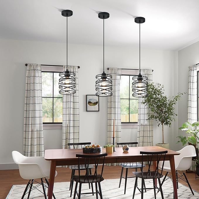 3-Pack Spiral Glass Pendant Lights Kitchen Island Mini Black Pendant Light Modern Metal Cage Handblown Seeded Glass Ceiling Hanging Lamp Adjustable Cord for Dining Room Foyer Hallway, E26