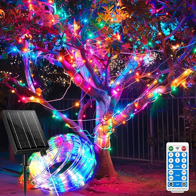 98FT 300LEDs Solar Rope Lights for palm Garden Decor,Rechargeable Solar string Light with Remote Control for Trampoline,Outdoor Palm Tree Holiday Lights for Pathway Pool Patio Party Yard(Multi Color)