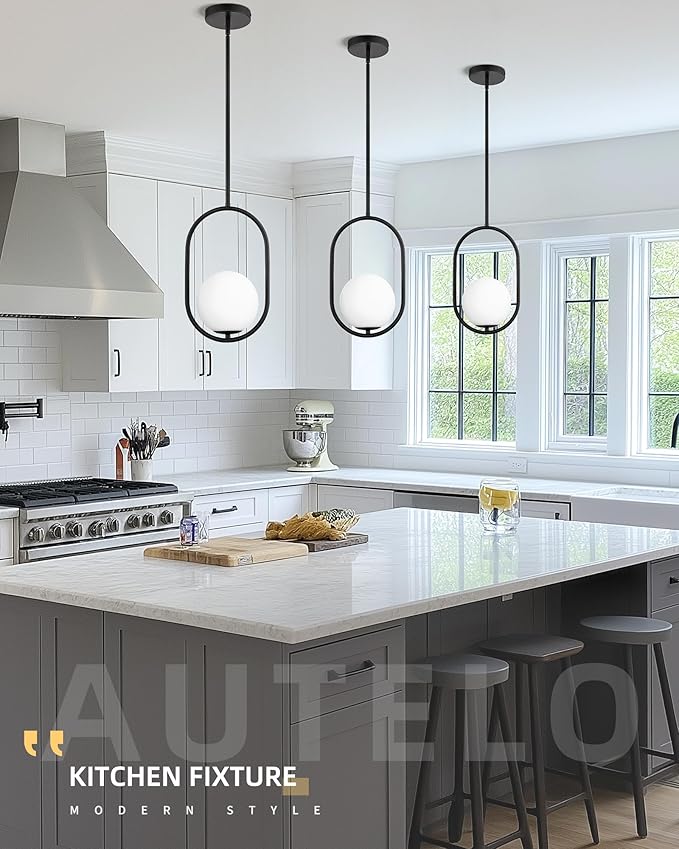 AUTELO Matte Black 1 Light Pendant Lights Kitchen Island, Mid Century Modern Light Fixtures with Milky White Globe Glass, Black Hanging Lamp for Kitchen Island H9376 MGBK