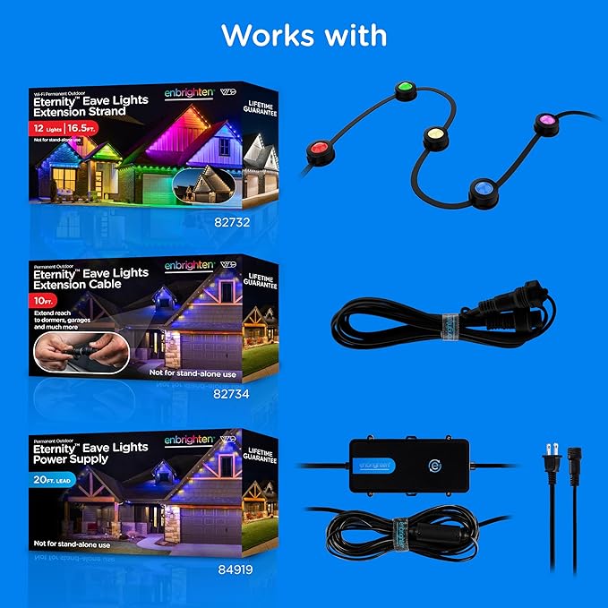 Enbrighten Vibe Eternity Permanent Outdoor Lights for House, 150ft, 108 RGBWIC LEDs, Close Spacing, 33lm, Color Changing, Christmas, Eave Lighting, Smart App, Works with Alexa, Google Home, 85103
