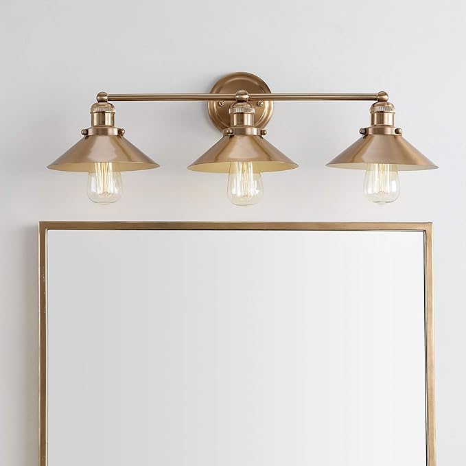 JONATHAN Y 26.5" Brass Gold 3-Light Industrial Farmhouse Metal Vanity Light Wall Sconce, Metal Shade for Bathroom Mirror, Kitchen, Entryway, LED Bulb Included (JYL7431A)