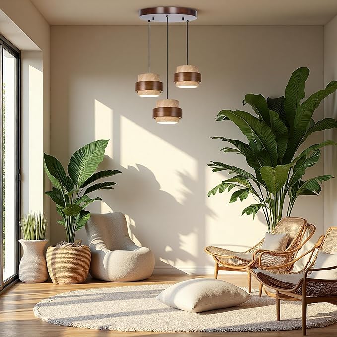 Wabi Sabi Pendant Light - Japandi Nordic Fixture Lamp, Natural Wood & Stone Concrete Chandelier for Japanese Bedroom, Kitchen Island & Dining Room (Yellow Travertine Rotund 3-Head)