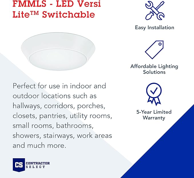 Lithonia Lighting Versi Lite LED Flush Mount Ceiling Light, 3-In-1 Switchable White Light, Dimmable LED Lights for Bedroom, Bathroom, Hallway, 7" Round, White