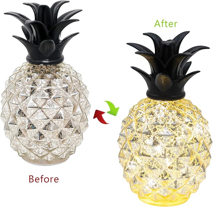 Romingo Mercury Glass Pineapple Lamp 9 Inch Batteries Operated Night Light with Timer for Living Bed Room, Women's Gift for Wife Girl Friend Silver