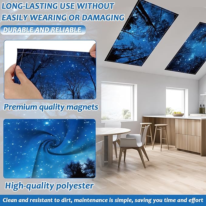 8 Pack Fluorescent Light Covers with 80 Magnets Decorative for Classroom Ceiling Light 4 x 2 Feet Magnetic Cover Filter Easy Install for Office School Home Hospital Drop Ceiling Supplies(Night Forest)