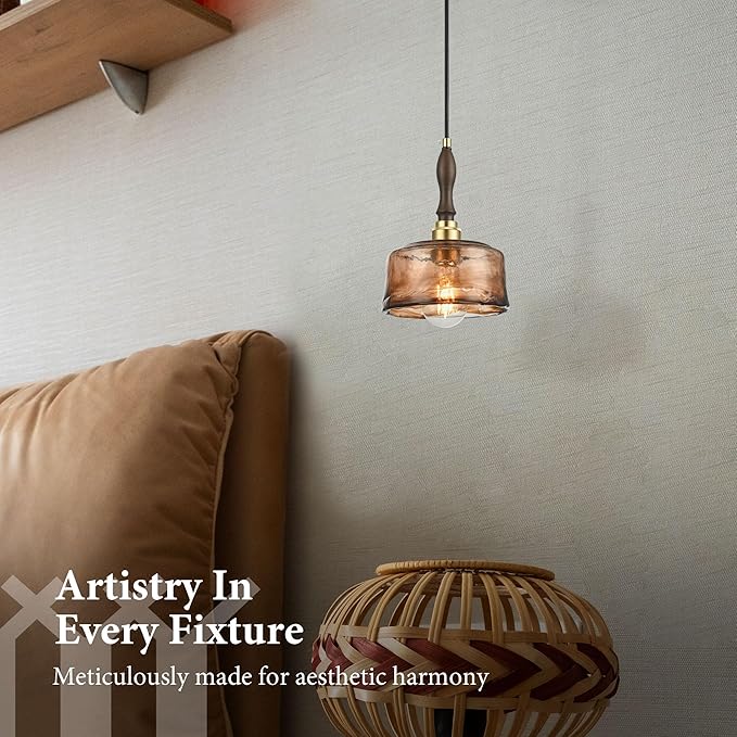 Modern Amber Glass Pendant Light, 6.7"x9.2" Round Hanging Fixture with Golden Wood Accent & Brass Cap, 15"-72" Adjustable Line, E26 Socket – Golden Amber Circle