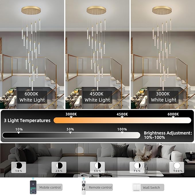20-Light Gold High Ceiling Chandeliers Modern Crystal Chandeliers for Entryway Long Spiral LED Dimmable Chandelier Flush Mount Ceiling Staircase Foyer Living Room Ceilings Light Fixture