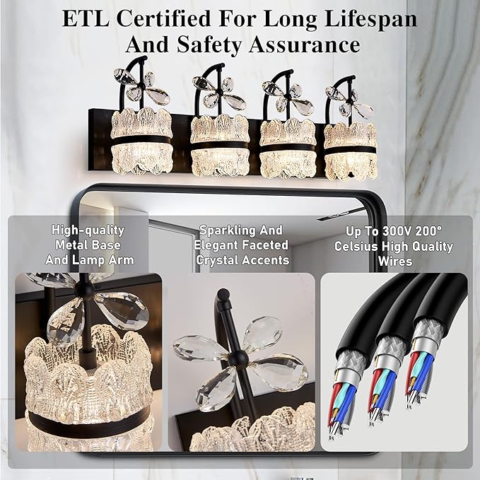 Bathroom Lights Over Mirror - Makeup Lighting Black - Bathroom Vanity Light with Acrylic Shades for Bath, Makeup Desk, Farmhouse, Hallway, 4-Light