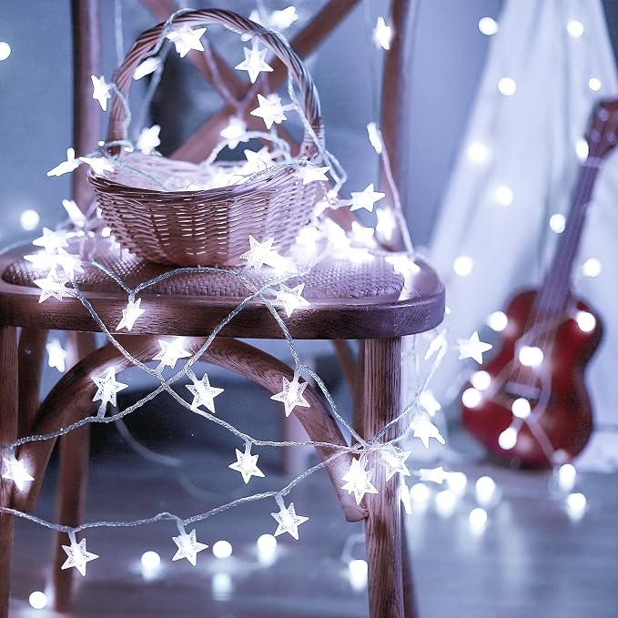 HEYFUNi White Star String Lights, 33FT 100 LED Plug in with Timer | 8 modes, dimmable white glow, 6H on/18H off timer, waterproof star lights for Christmas tree, garden, wedding, party decor