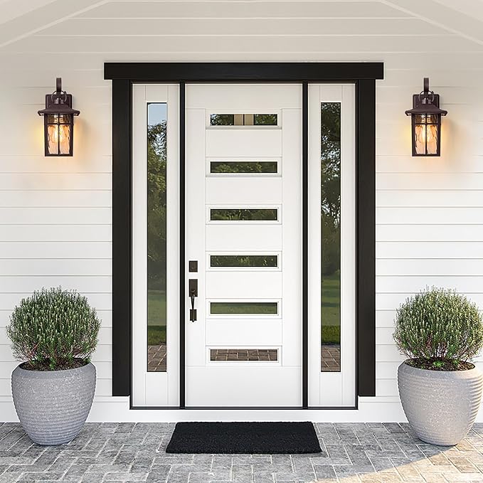2 Pack Dusk to Dawn Outdoor Lighting, Oil Rubbed Bronze Exterior Light Fixtures with Ripple Glass, Waterproof Aluminum Porch Lights, Outside Lantern Light for Entryway, Garage, Patio