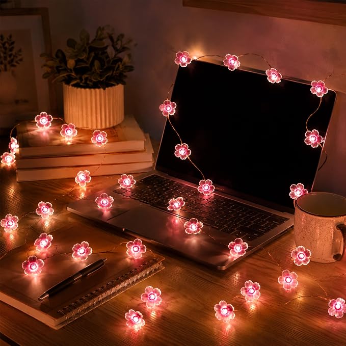 USB/Battery Operated 13ft Copper Wire 40LED Pink Cherry Blossom Fairy Light | Flower-Shaped Fairy Lights String – Indoor & Outdoor Hanging Decor for Valentine's Day, Mother's Day, Wedding Parties