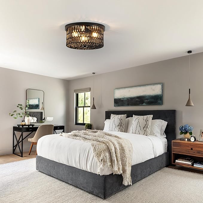 Black Rattan Light Fixture, 3 Light Flush Mount Ceiling Light, Boho Ceiling Light for Hallway, Entryway, Bedroom, Kitchen
