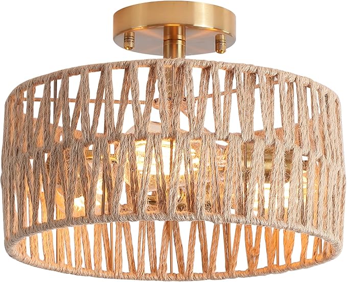 3-Light Antique Gold Woven Flush Mount Light Fixture Rustic Coastal Hemp Rope Brass Semi Flush Mount Ceiling Light for Hallway Bedroom Kitchen Entryway Farmhouse Living Room