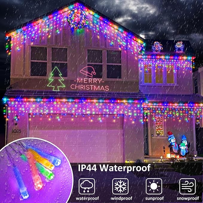 Icicle Lights for Outside - 33FT 400 LED Icicle Christmas Lights Outdoor with 75 Drops 8 Modes, Waterproof Connectable Curtain Hanging Lights for Indoor Patio Eave Roof Party Decorations, Multicolor