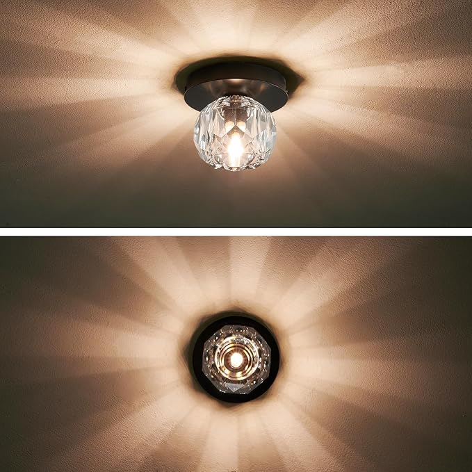 Crystal Small Chandelier Light Fixture: K9 Crystals Brass Semi Flush Mount Ceiling Lights - Black Globe Wall Sconce - Modern Mini Chandeliers for Bedroom Hallway Bathroom Living Room Entrance Closet