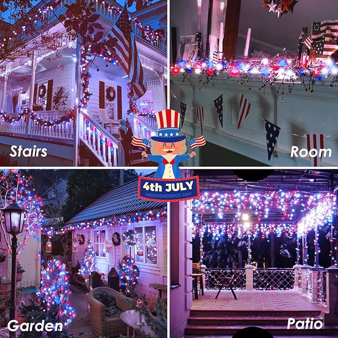 4th of July Red White and Blue Lights, Connectable 200 LED 66FT String Lights Plug in, 13 Modes July 4th Twinkle Lights for Indoor Outdoor Independence Day Memorial Day American Flag Patriotic Decor