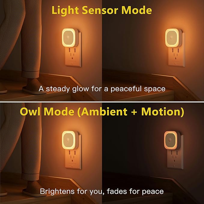 YUNLEX 2 Pack Plug in Amber Night Light with Motion Sensor & Dusk to Dawn Sensor, 3 Sensor Modes, Dimmable Night Lights Plug into Wall, Nightlight for Kids, Sleep, Bathroom, Bedroom, as Mother Gifts