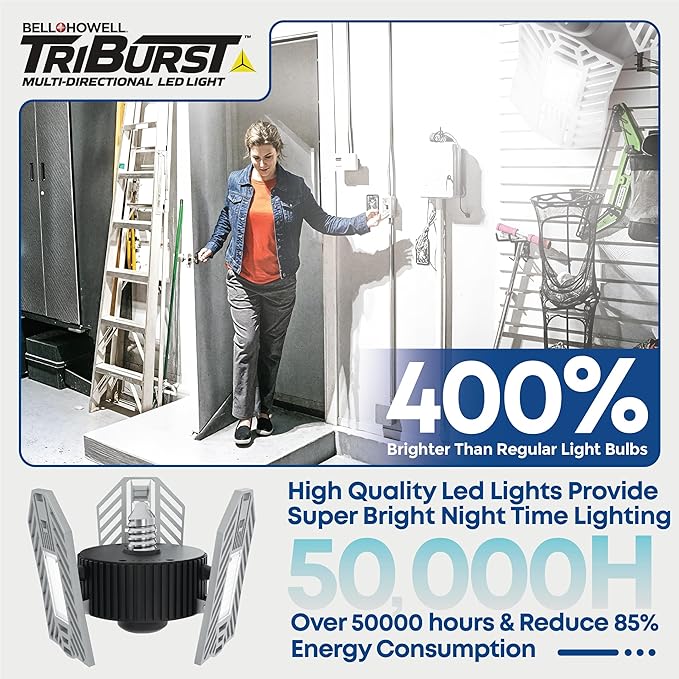 Bell+Howell TRIBURST Aluminum LED Socket Ceiling Light Bulbs 60W 4000 LM 6500K – 3 Deformable Panels LED Shop Light Fixture for Indoor, Bedroom, Living Room, Garage Lights, Home Improvement, E26 / E27