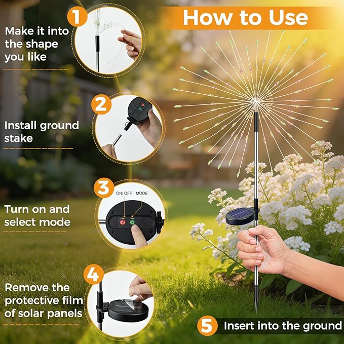 btfarm 3 Pack 120 LED Solar Garden Lights Outdoor, 8 Modes Firework Lights Solar Powered, Waterproof Twinkle Fairy Light Outside for Yard Patio Pathway Pool Christmas Party Decorative, Warm White
