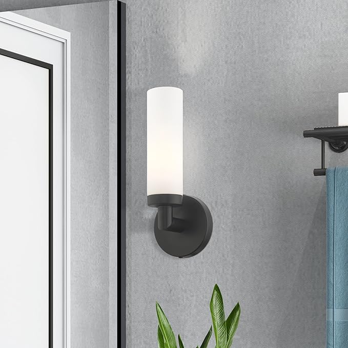 Livex Lighting 10103-04 Aero Collection ADA 1-Light Wall Sconce Light with Satin Opal White Glass Cylinder Shade, Black, 4.25 x 11