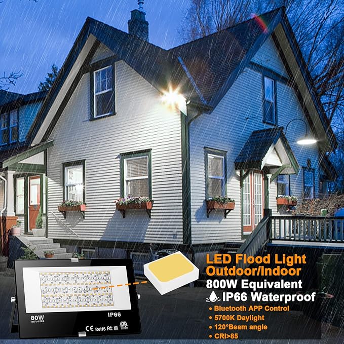 LED Flood Light Outdoor 800W Equivalent 8000LM, Smart RGB Color Changing Landscape Lighting with APP Control, IP66 Waterproof Outdoor LED Lights Daylight 5700K, DIY Scenes, Timing Floodlights, 2 Pack