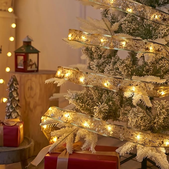 Christmas Ribbon Fairy Lights 33Ft 100 LED String Lights Battery Operated 2In Gold Foil Ribbon with Warm White Twinkle Firefly Lights Indoor Starry Holiday Decoration for Christmas Tree