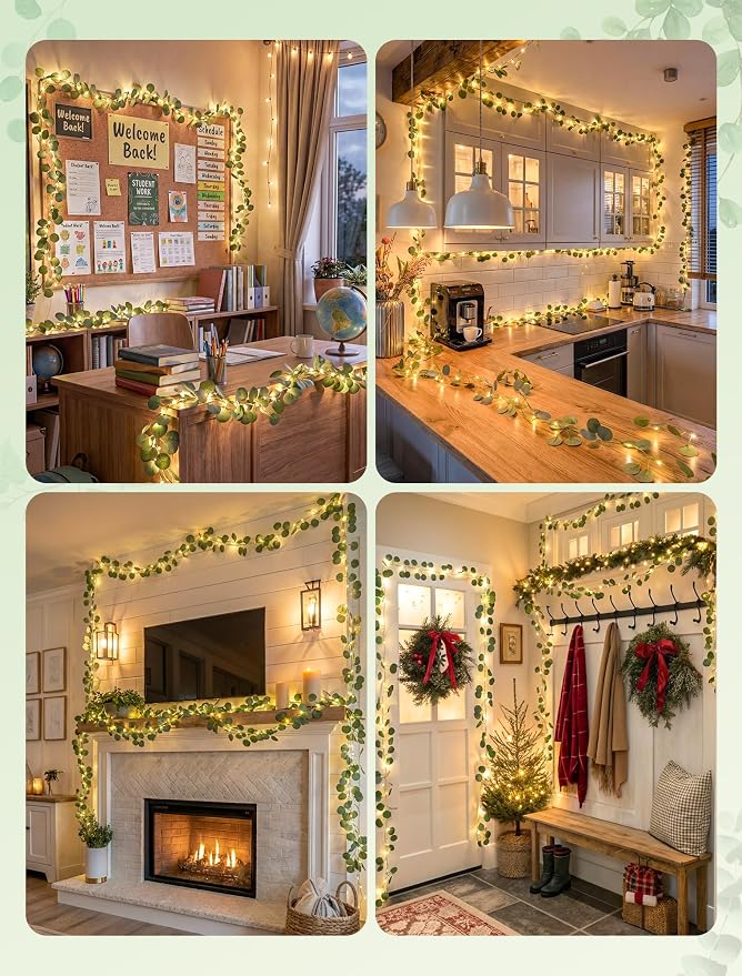 Vines with Fairy Lights,13ft Eucalyptus Garland String Lights USB/Battery Operate,40 LED Fake Leaf Twinkle Lights for Wedding,Birthday,Dorm,Bedroom,Curtain, Photo,Wall Decor(Warm White)