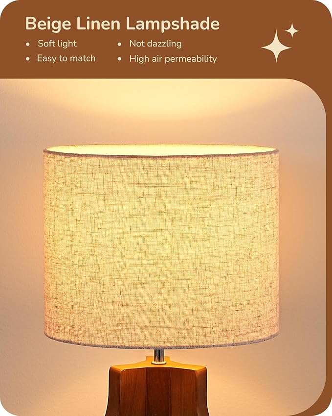 EDISHINE 14.6" Modern Table Lamp, Rose Wood Tripod Nightstand Lamp for Bedroom, Beige Linen Shade, Small Cute Bedside Lamp for Living Room, Office, On-Off Line Switch, E26 Base(Bulb Not Included)