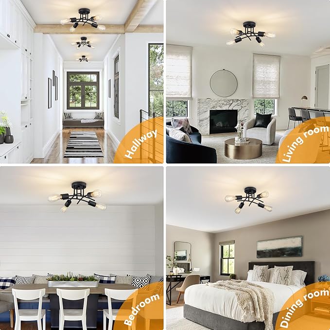 Industrial 4-Light Semi Flush Mount Ceiling Light Fixture, Modern Black Close to Ceiling Light, E26 Base Chandelier Lighting, Farmhouse Pendant Lamp for Hallway Kitchen Bedroom
