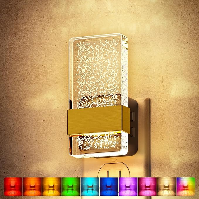 DORESshop LED Night Lights Plug into Wall, 3 Level Dimmable Night Light, Rotatable Bubble Decorative Nightlight, Dusk to Dawn Sensor, Wall Sconce-Style Design Nightlights for Bathroom, Hallway, RGB