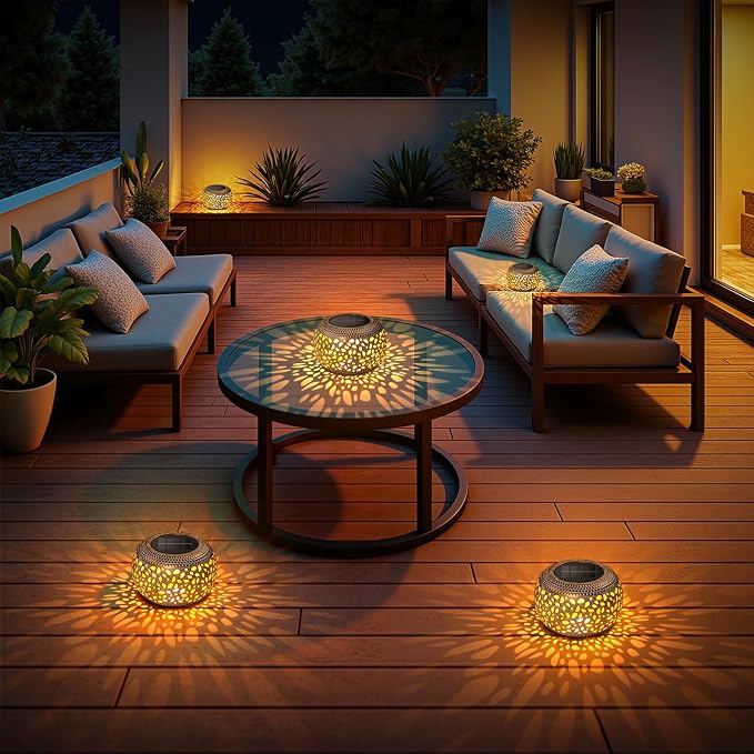 Solar Lanterns Outdoor Waterproof: 2 Pack LED Lamps for Patio - White Hollowed-Out Metal Retro Solar Light Decor Gift for Women Mom Mothers Day Yard Garden Balcony Indoor Desk Tabletop Decorations