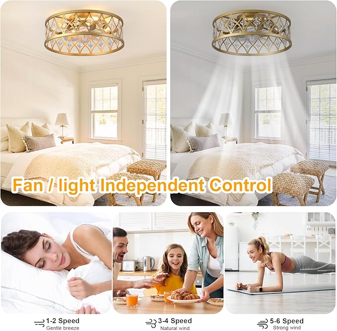 Garwarm Caged Ceiling Fan with Light,20" Ceiling Fans with Lights and Remote,Bladeless Fandelier Small Low Profile Ceiling Fan Light Fixture for Bedroom,Kitchen,Dining Room,Gold
