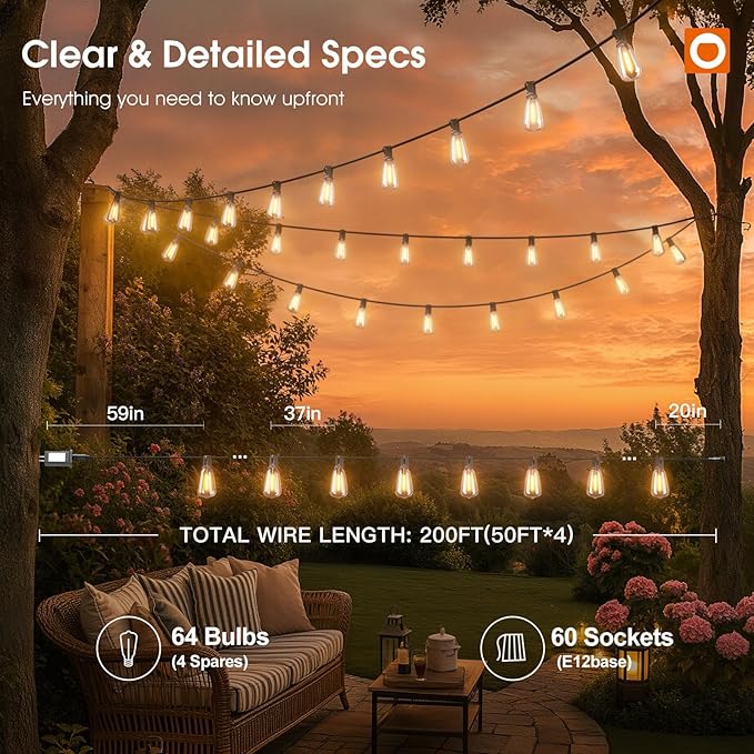 addlon 198FT Outdoor String Lights for Outside with Remote Waterproof Patio Lights with Plastic ST38 LED Edison Bulbs Outdoor Lighting Extra Long for Backyard Bistro Porch Garden Pergola Party Decor