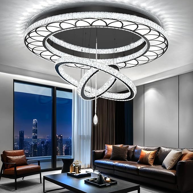 Flashing God Dia 48" Large Crystal Chandelier Modern Black Chandeliers LED Dimmable Flush Mount Chandelier Crystal Ceiling Light for Living Room Bedroom Foyer