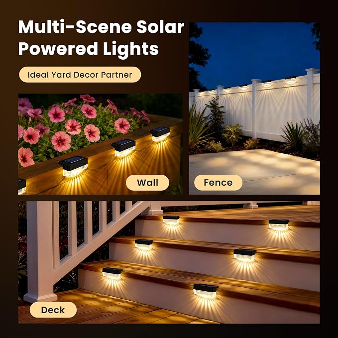 Solar Deck Lights Outdoor 12 Packs, Solar Powered LED Step Lights Waterproof Outdoor for Deck, Step, Fence, Wall, Patio, Yard, Pool, Pathway and Stairs (Warm White)