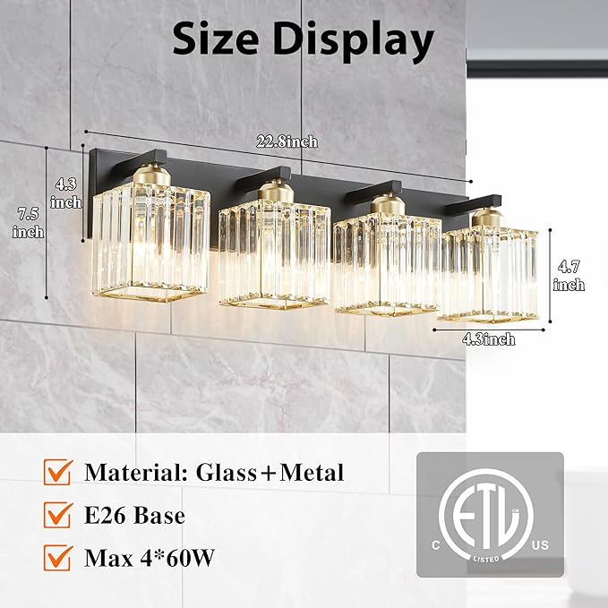 Bathroom Vanity Light Fixtures Over Mirror 4 Crystal Lights - Makeup Lighting Black Gold - for Modern Wall, Bath, Desk, Farmhouse, Hallway
