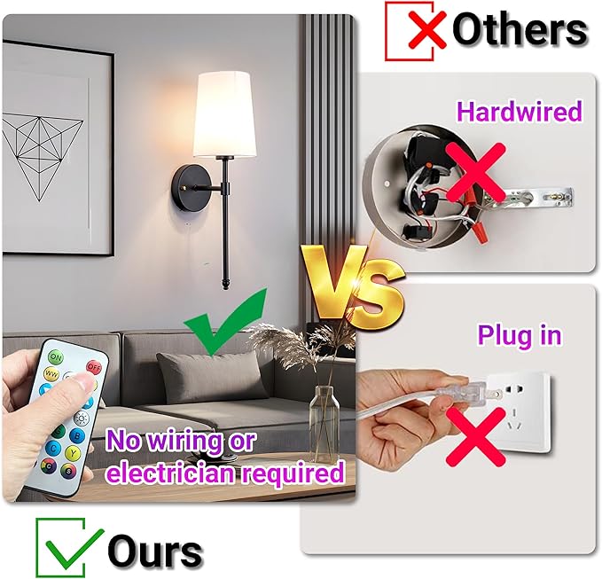 YHCDLAMP Battery Operated Wall Sconce Light with Remote Control, Dimmable Wall Sconce Set of 2 with White Fabric Shade, Wireless Battery Operated Wall Lamp for Bedroom Living Room, Bulb Included
