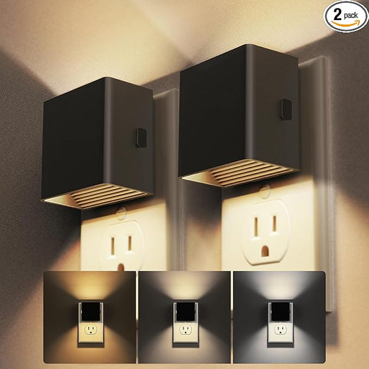 DORESshop Night Lights Plug Into Wall, [2 Pack] Plug in Night Light with 3 Color Temperatures, Dusk to Dawn Sensor, Night Light for Hallway Bathroom Stairway Bedroom, Black