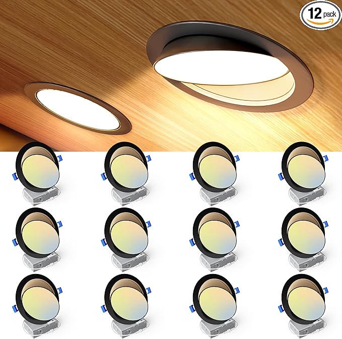 Ensenior 12 Pack 6 inch LED Eyeball Recessed Lighting, 360°+90° Rotatable and 2700K-5000K Selectable, CRI90+, Dimmable Gimbal Recessed Lights, 1300LM, 12W=115W-FCC, Black