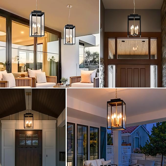 MELUCEE Large Outdoor Lantern Pendant Lights Outdoor Chandelier Black Brass, 4-Light Farmhouse Pendant Light Exterior Ceiling Mount Hanging Lantern with Clear Glass for Porch Entrance Gazebo