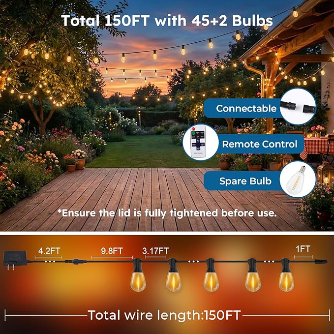 GvvooHome 150FT Outdoor String Light with S11 Plastic Bulbs, Low-Voltage LED Patio Light with App & Remote, Music Sync, 4 Lighting Modes, Dimmable & Waterproof for Backyard, Porch, Garden, Deck, Party