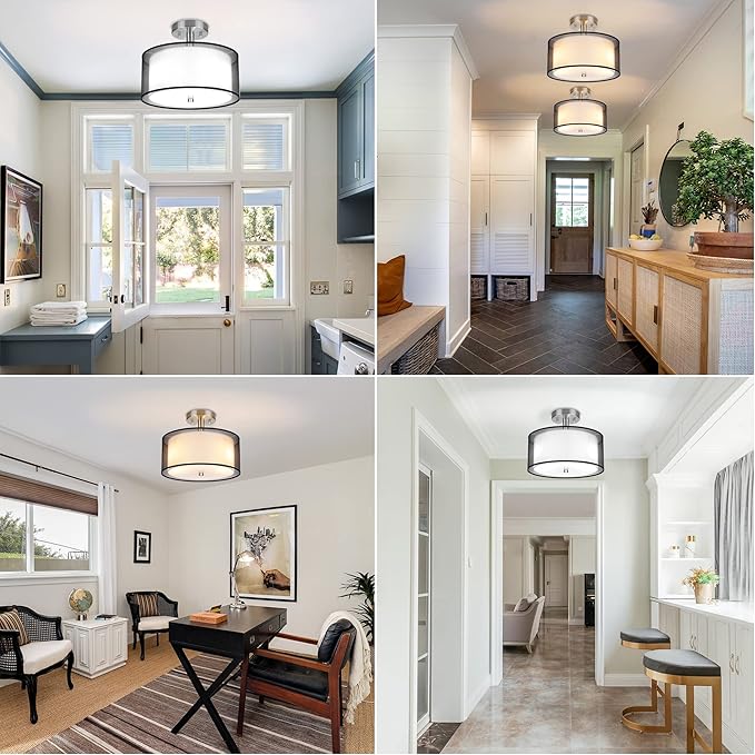 FOLKSMATE Semi Flush Mount Ceiling Light Fixture, 3-Light Drum Light with Double Fabric Shade, Modern Black Close to Ceiling Lighting for Living Room, Bedroom, Dining Room, Kitchen, Hallway, Entry