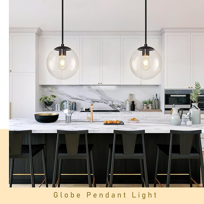 Bagood 10" Globe Pendant Light Black 2 Pack Mid Century Pendant Light Globe Pendant Lights Kitchen Island Matte Black Finished with Clear Glass Adjustable Ceiling Light Fixtures for Dining Room Bar