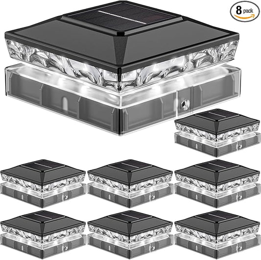 Solar Post Cap Lights, 6500K Cool White IP65 Waterproof Solar Powered Fence Light for 4x4 Wood Post & 5x5 Vinyl Fence, Deck Patio Garden Yard Outdoor Landscape Lighting, ABS Material(Black, 8pack)
